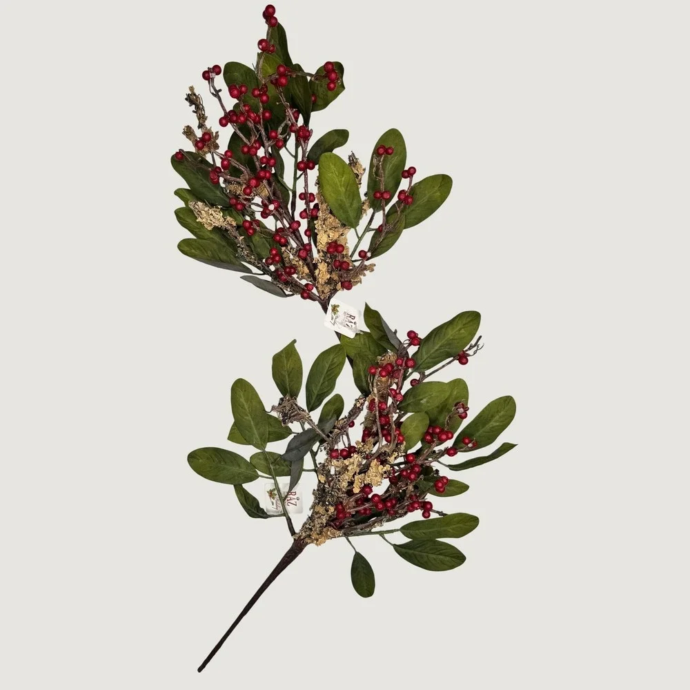 Set of 2 RAZ Imports Holiday Red Berry Leaf Floral Sprays Christmas Decor Stems